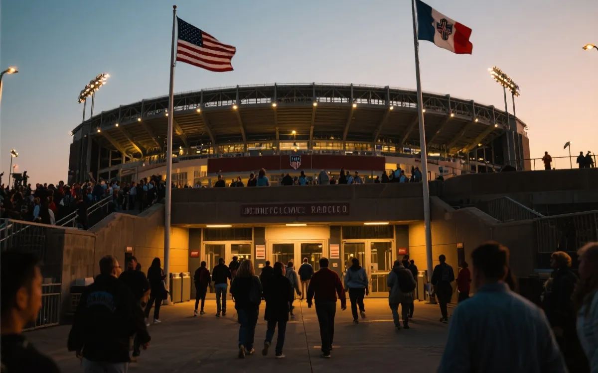 北美大型足球场馆外的傍晚，人群涌向入口，灯光与旗帜营造决赛氛围